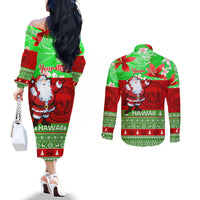 Personalised Hawaii Christmas Couples Matching Off The Shoulder Long Sleeve Dress and Long Sleeve Button Shirts Mele Kalikimaka Hawaiian Santa Tropical Vibes LT14 - Polynesian Pride
