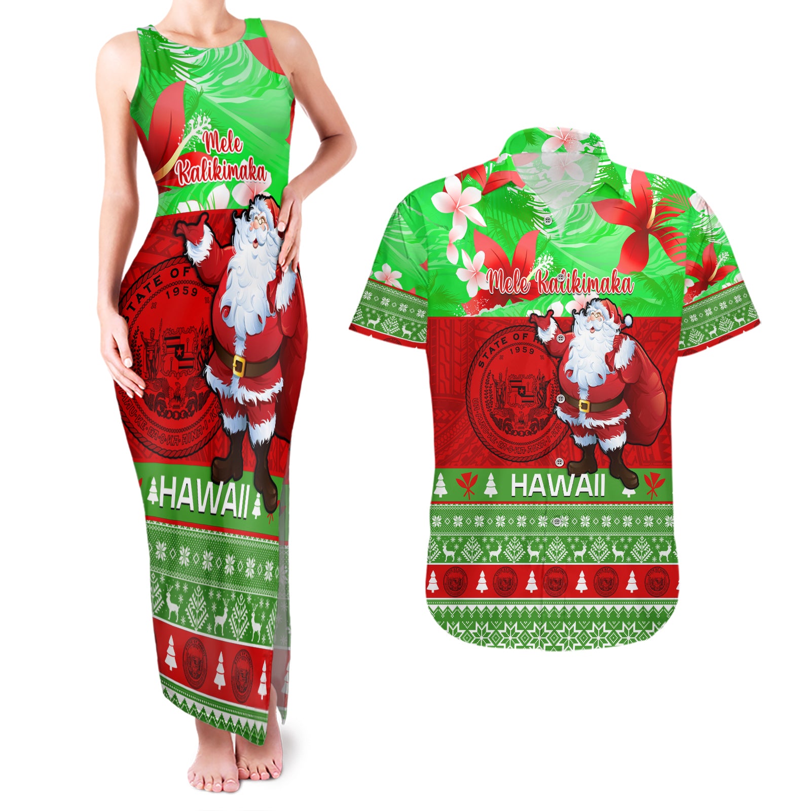 Personalised Hawaii Christmas Couples Matching Tank Maxi Dress and Hawaiian Shirt Mele Kalikimaka Hawaiian Santa Tropical Vibes LT14 Red - Polynesian Pride