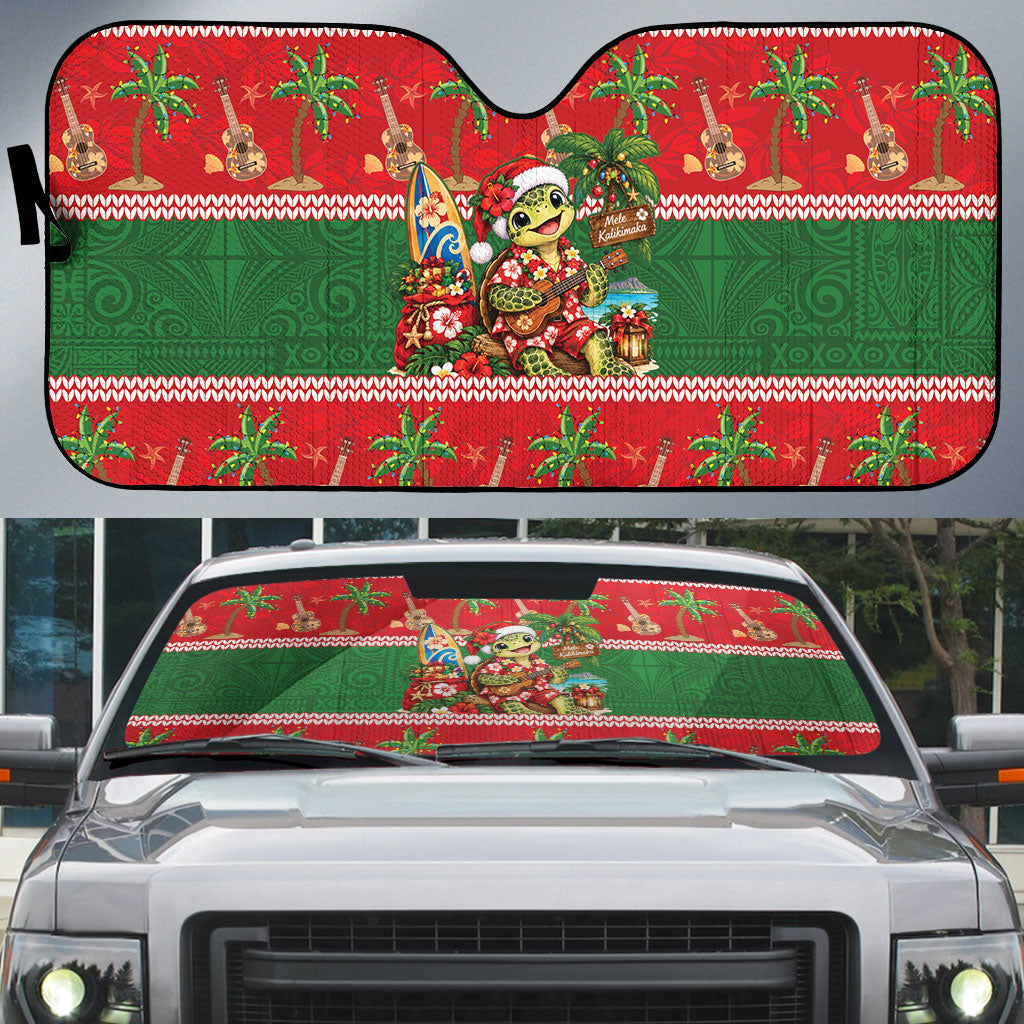 Hawaii Christmas Mele Kalikimaka Auto Sun Shade Aloha Turtle Santa With Ukulele LT14 Red - Polynesian Pride