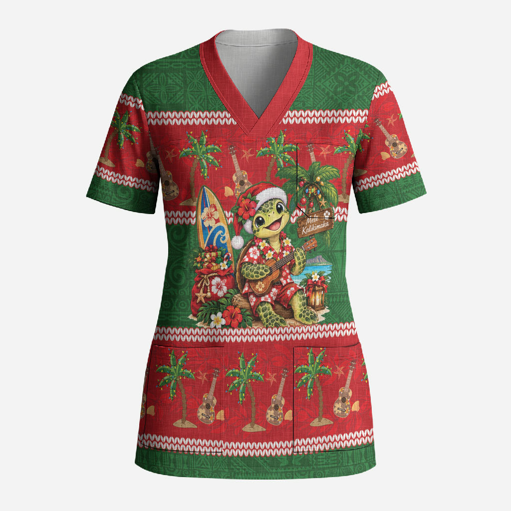 Hawaii Christmas Mele Kalikimaka Scrub Top Aloha Turtle Santa With Ukulele LT14 Adult Red - Polynesian Pride