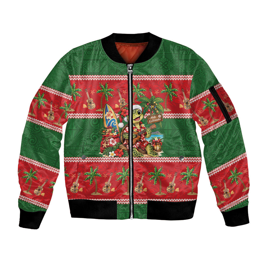 Hawaii Christmas Mele Kalikimaka Sleeve Zip Bomber Jacket Aloha Turtle Santa With Ukulele LT14 Unisex Red - Polynesian Pride