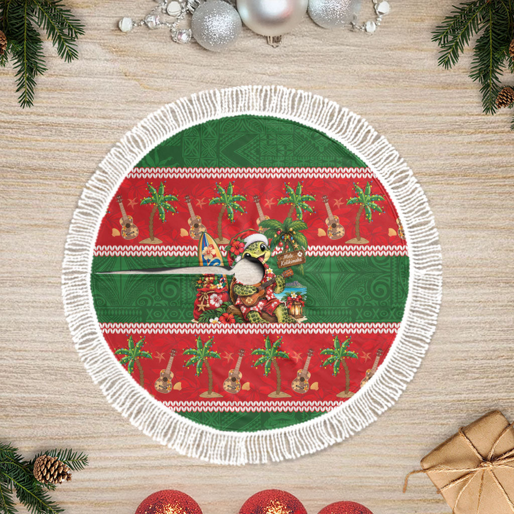 Hawaii Christmas Mele Kalikimaka Tree Skirt Aloha Turtle Santa With Ukulele LT14 Fringed Red - Polynesian Pride