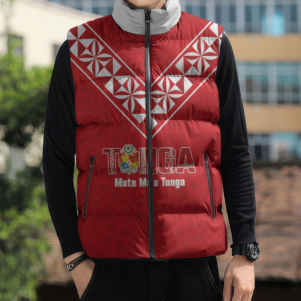 Mate Maa Tonga Rugby Custom Sleeveless Puffer Jacket 2026 Tongan Ngatu Pattern Red LT14 - Polynesian Pride