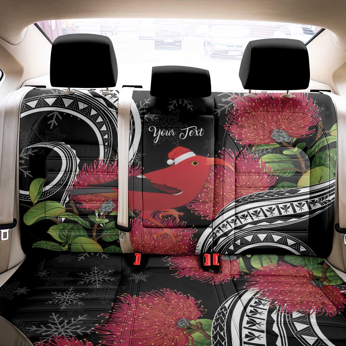 Personalized Mele Kalikimaka Hawaii Back Car Seat Cover I'iwi Bird With Ohia Lehua - Black Color LT14 - Polynesian Pride