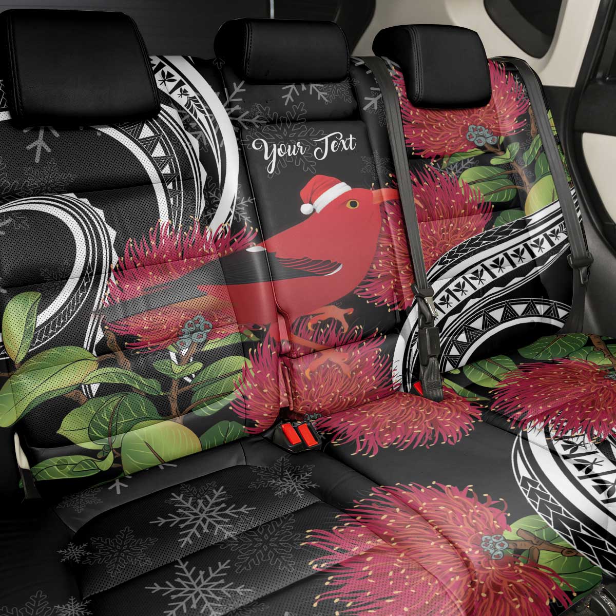 Personalized Mele Kalikimaka Hawaii Back Car Seat Cover I'iwi Bird With Ohia Lehua - Black Color LT14 - Polynesian Pride
