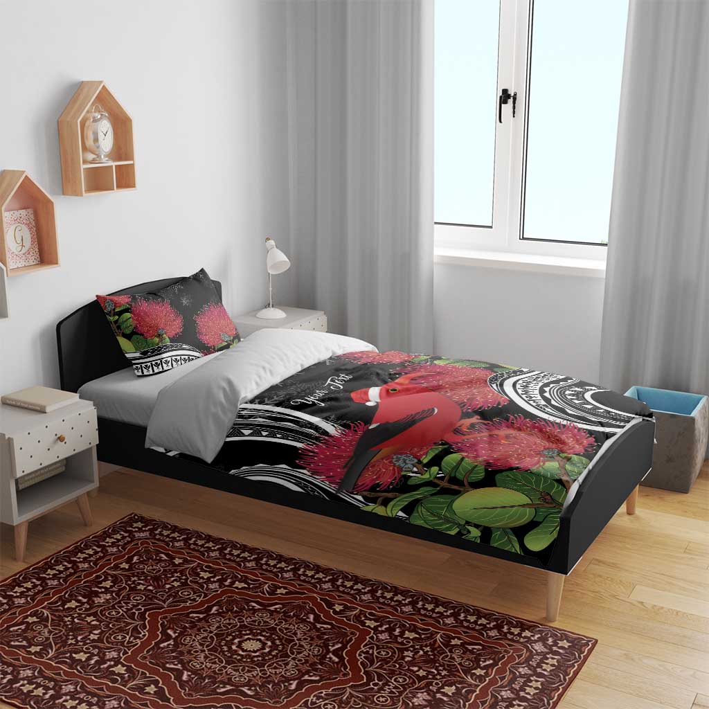 Personalized Mele Kalikimaka Hawaii Bedding Set I'iwi Bird With Ohia Lehua - Black Color