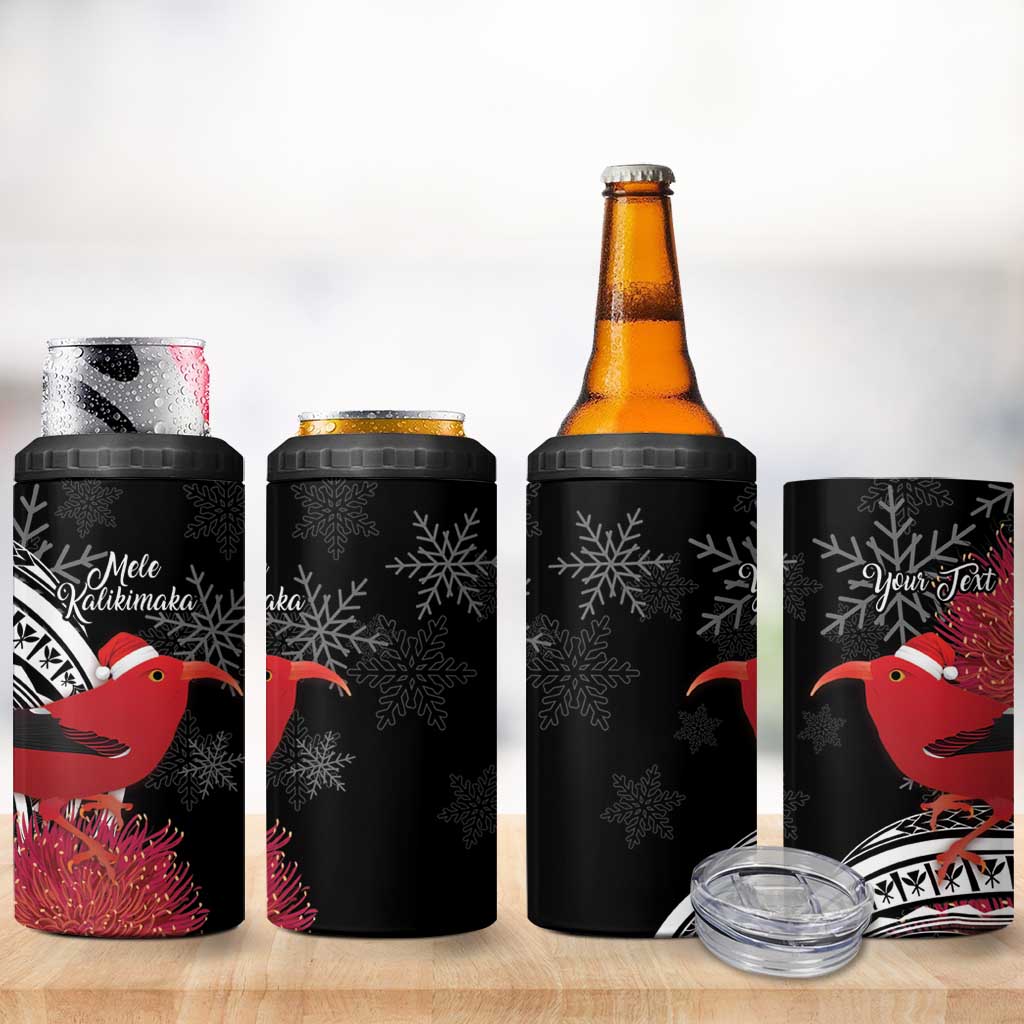 Personalized Mele Kalikimaka Hawaii 4 in 1 Can Cooler Tumbler I'iwi Bird With Ohia Lehua - Black Color LT14 - Polynesian Pride