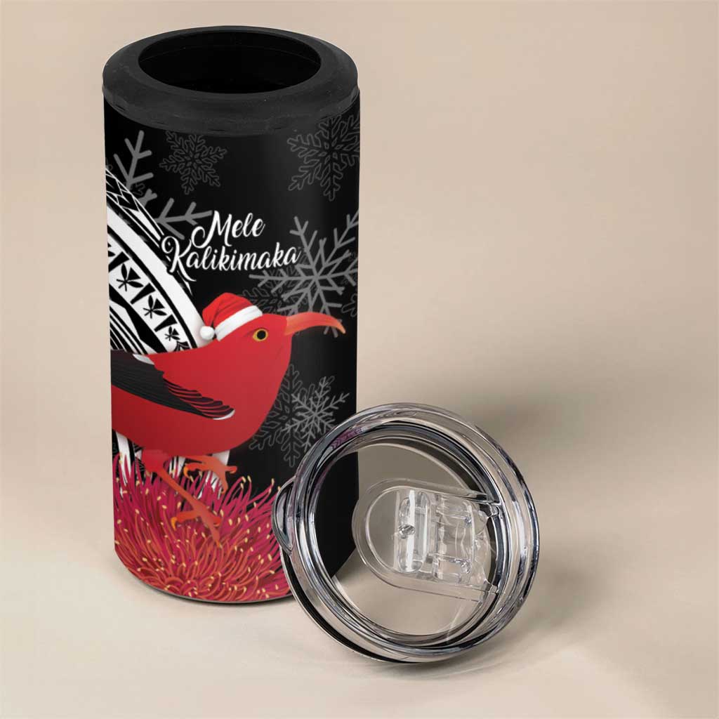 Personalized Mele Kalikimaka Hawaii 4 in 1 Can Cooler Tumbler I'iwi Bird With Ohia Lehua - Black Color LT14 - Polynesian Pride