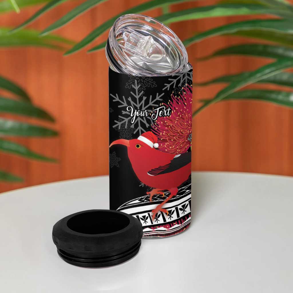 Personalized Mele Kalikimaka Hawaii 4 in 1 Can Cooler Tumbler I'iwi Bird With Ohia Lehua - Black Color LT14 - Polynesian Pride