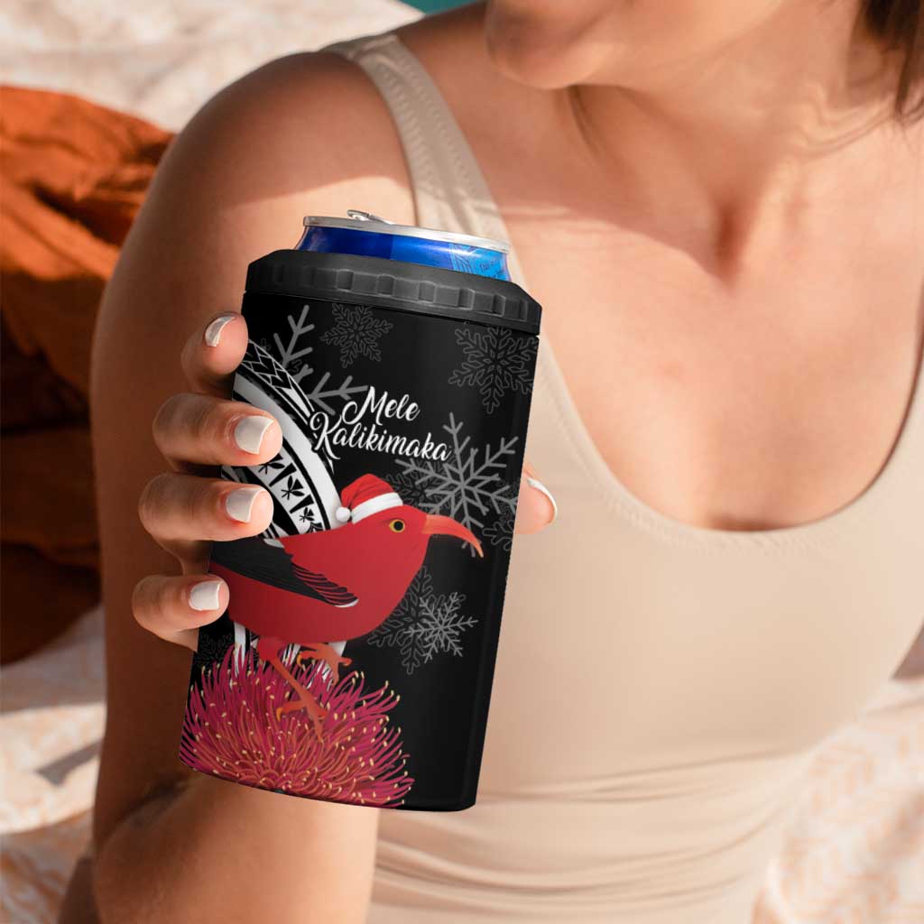 Personalized Mele Kalikimaka Hawaii 4 in 1 Can Cooler Tumbler I'iwi Bird With Ohia Lehua - Black Color LT14 - Polynesian Pride