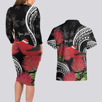 Personalized Mele Kalikimaka Hawaii Couples Matching Long Sleeve Bodycon Dress and Hawaiian Shirt I'iwi Bird With Ohia Lehua - Black Color LT14 - Polynesian Pride