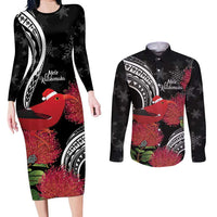Personalized Mele Kalikimaka Hawaii Couples Matching Long Sleeve Bodycon Dress and Long Sleeve Button Shirt I'iwi Bird With Ohia Lehua - Black Color LT14 Black - Polynesian Pride
