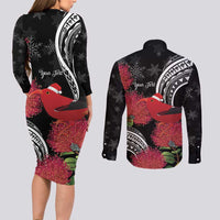 Personalized Mele Kalikimaka Hawaii Couples Matching Long Sleeve Bodycon Dress and Long Sleeve Button Shirt I'iwi Bird With Ohia Lehua - Black Color LT14 - Polynesian Pride