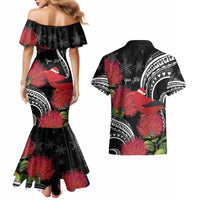 Personalized Mele Kalikimaka Hawaii Couples Matching Mermaid Dress and Hawaiian Shirt I'iwi Bird With Ohia Lehua - Black Color LT14 - Polynesian Pride