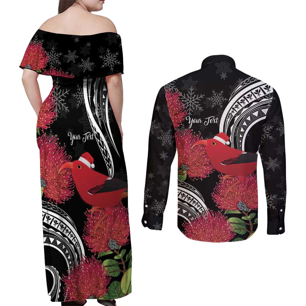 Personalized Mele Kalikimaka Hawaii Couples Matching Off Shoulder Maxi Dress and Long Sleeve Button Shirt I'iwi Bird With Ohia Lehua - Black Color LT14 - Polynesian Pride