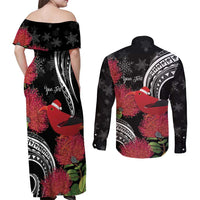 Personalized Mele Kalikimaka Hawaii Couples Matching Off Shoulder Maxi Dress and Long Sleeve Button Shirt I'iwi Bird With Ohia Lehua - Black Color LT14 - Polynesian Pride