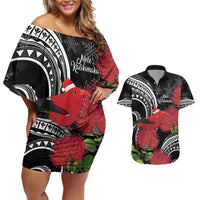 Personalized Mele Kalikimaka Hawaii Couples Matching Off Shoulder Short Dress and Hawaiian Shirt I'iwi Bird With Ohia Lehua - Black Color LT14 Black - Polynesian Pride