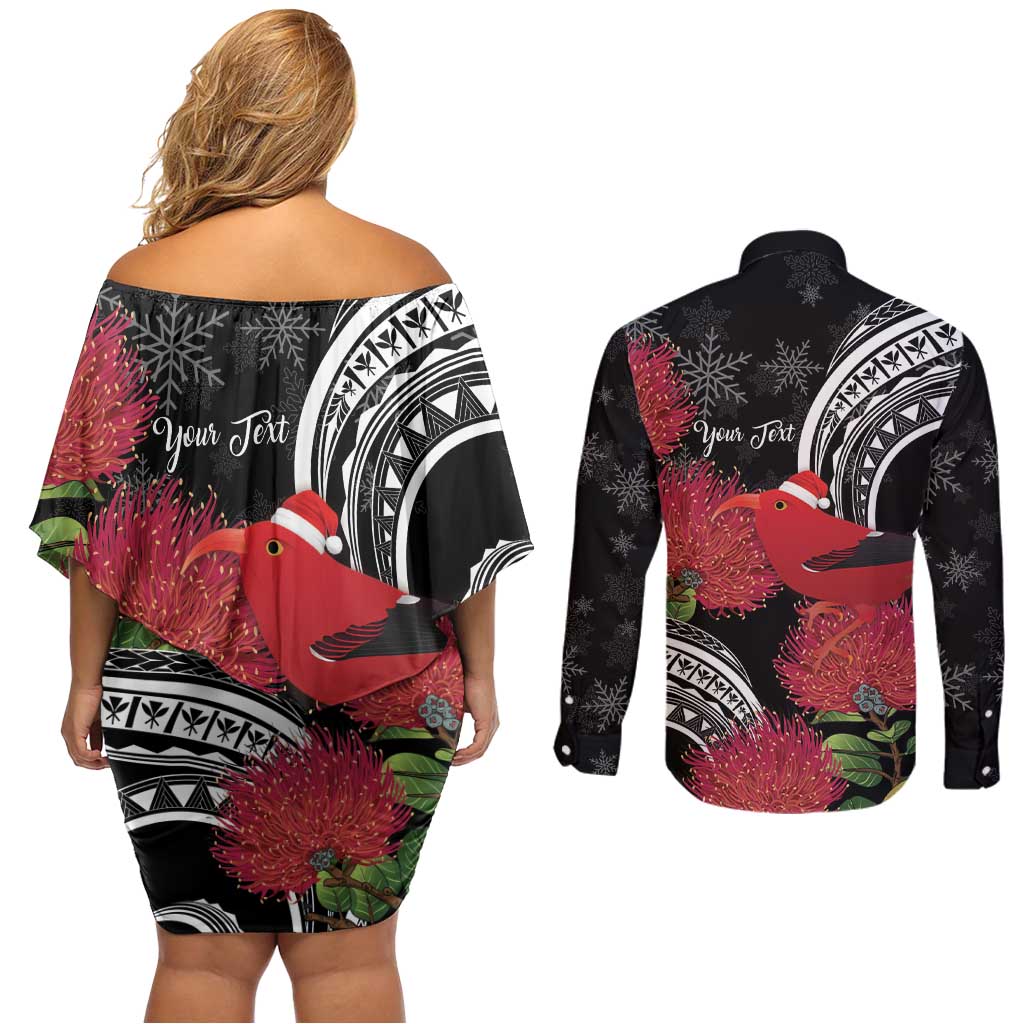 Personalized Mele Kalikimaka Hawaii Couples Matching Off Shoulder Short Dress and Long Sleeve Button Shirt I'iwi Bird With Ohia Lehua - Black Color LT14 - Polynesian Pride