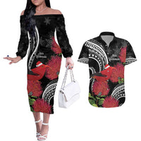 Personalized Mele Kalikimaka Hawaii Couples Matching Off The Shoulder Long Sleeve Dress and Hawaiian Shirt I'iwi Bird With Ohia Lehua - Black Color LT14 Black - Polynesian Pride