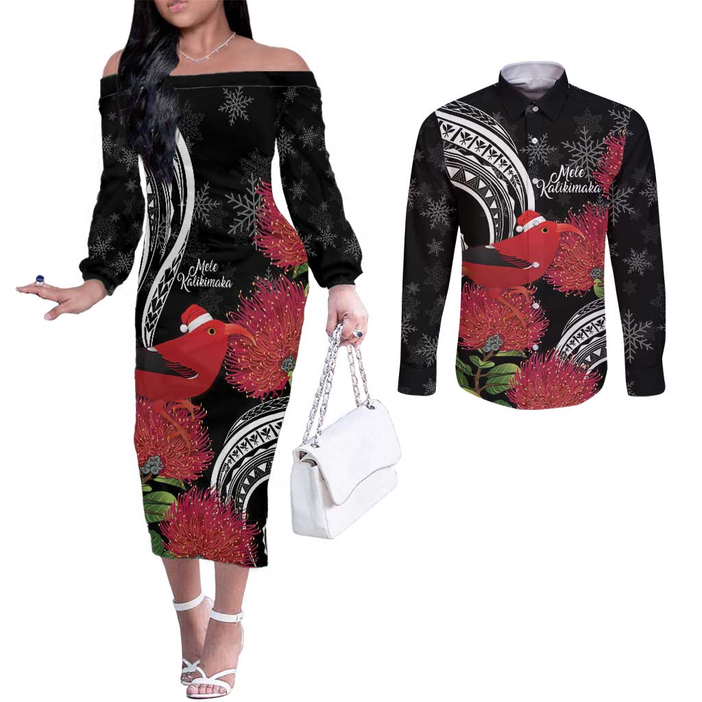 Personalized Mele Kalikimaka Hawaii Couples Matching Off The Shoulder Long Sleeve Dress and Long Sleeve Button Shirt I'iwi Bird With Ohia Lehua - Black Color LT14 Black - Polynesian Pride