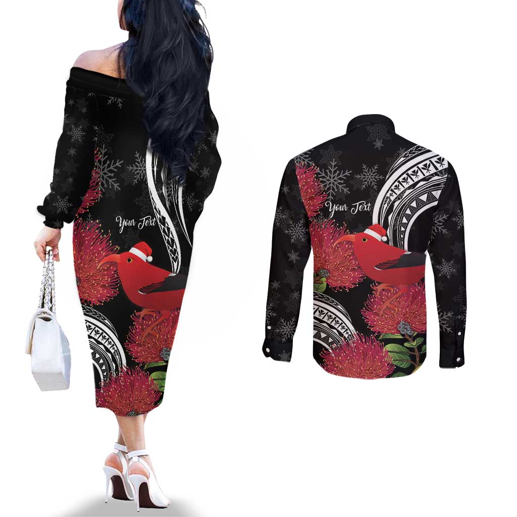 Personalized Mele Kalikimaka Hawaii Couples Matching Off The Shoulder Long Sleeve Dress and Long Sleeve Button Shirt I'iwi Bird With Ohia Lehua - Black Color LT14 - Polynesian Pride