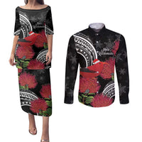 Personalized Mele Kalikimaka Hawaii Couples Matching Puletasi and Long Sleeve Button Shirt I'iwi Bird With Ohia Lehua - Black Color LT14 Black - Polynesian Pride