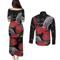 Personalized Mele Kalikimaka Hawaii Couples Matching Puletasi and Long Sleeve Button Shirt I'iwi Bird With Ohia Lehua - Black Color LT14 - Polynesian Pride