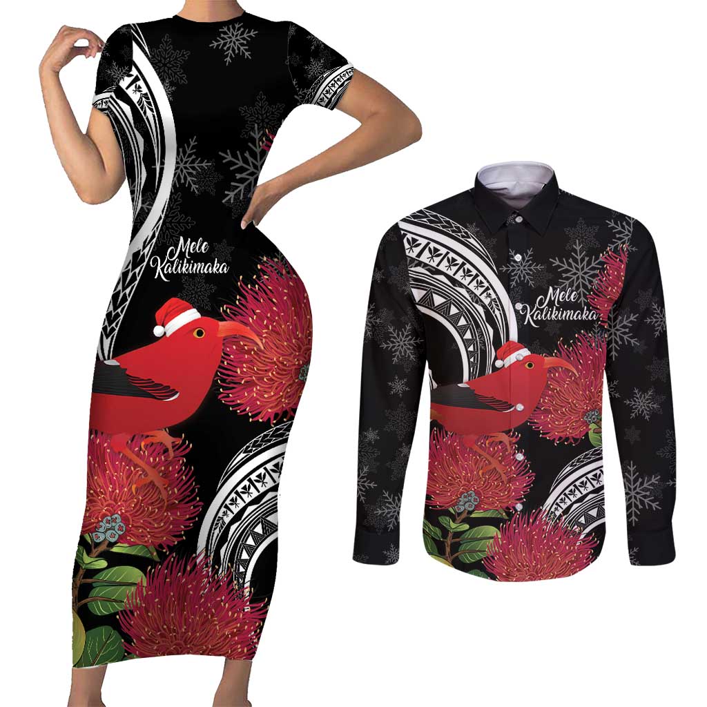 Personalized Mele Kalikimaka Hawaii Couples Matching Short Sleeve Bodycon Dress and Long Sleeve Button Shirt I'iwi Bird With Ohia Lehua - Black Color LT14 Black - Polynesian Pride