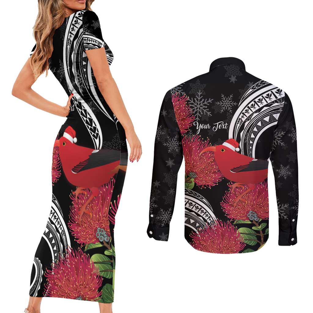 Personalized Mele Kalikimaka Hawaii Couples Matching Short Sleeve Bodycon Dress and Long Sleeve Button Shirt I'iwi Bird With Ohia Lehua - Black Color LT14 - Polynesian Pride