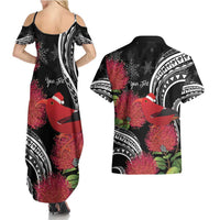 Personalized Mele Kalikimaka Hawaii Couples Matching Summer Maxi Dress and Hawaiian Shirt I'iwi Bird With Ohia Lehua - Black Color LT14 - Polynesian Pride