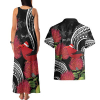 Personalized Mele Kalikimaka Hawaii Couples Matching Tank Maxi Dress and Hawaiian Shirt I'iwi Bird With Ohia Lehua - Black Color LT14 - Polynesian Pride