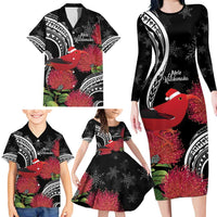 Personalized Mele Kalikimaka Hawaii Family Matching Long Sleeve Bodycon Dress and Hawaiian Shirt I'iwi Bird With Ohia Lehua - Black Color LT14 - Polynesian Pride