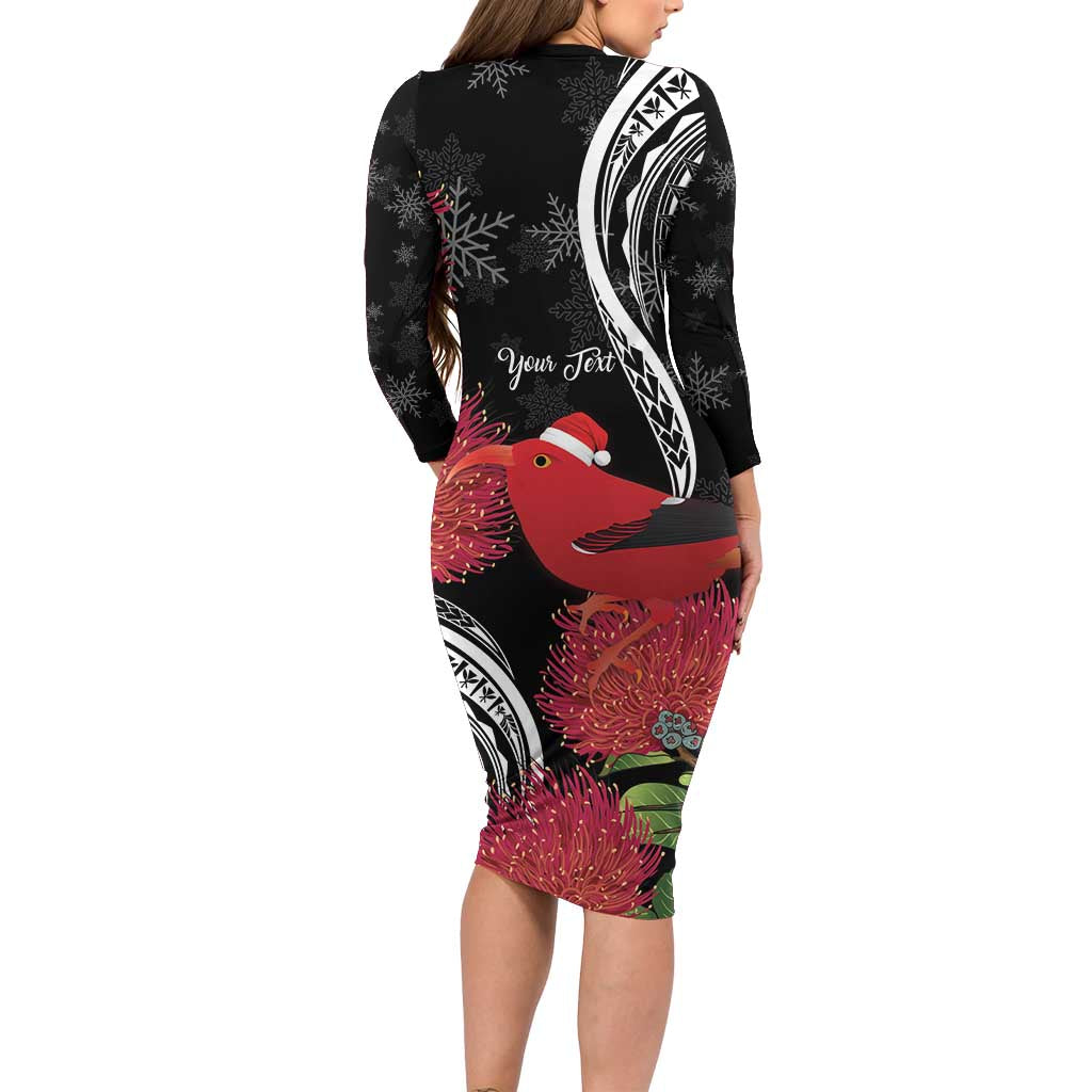 Personalized Mele Kalikimaka Hawaii Family Matching Long Sleeve Bodycon Dress and Hawaiian Shirt I'iwi Bird With Ohia Lehua - Black Color LT14 - Polynesian Pride