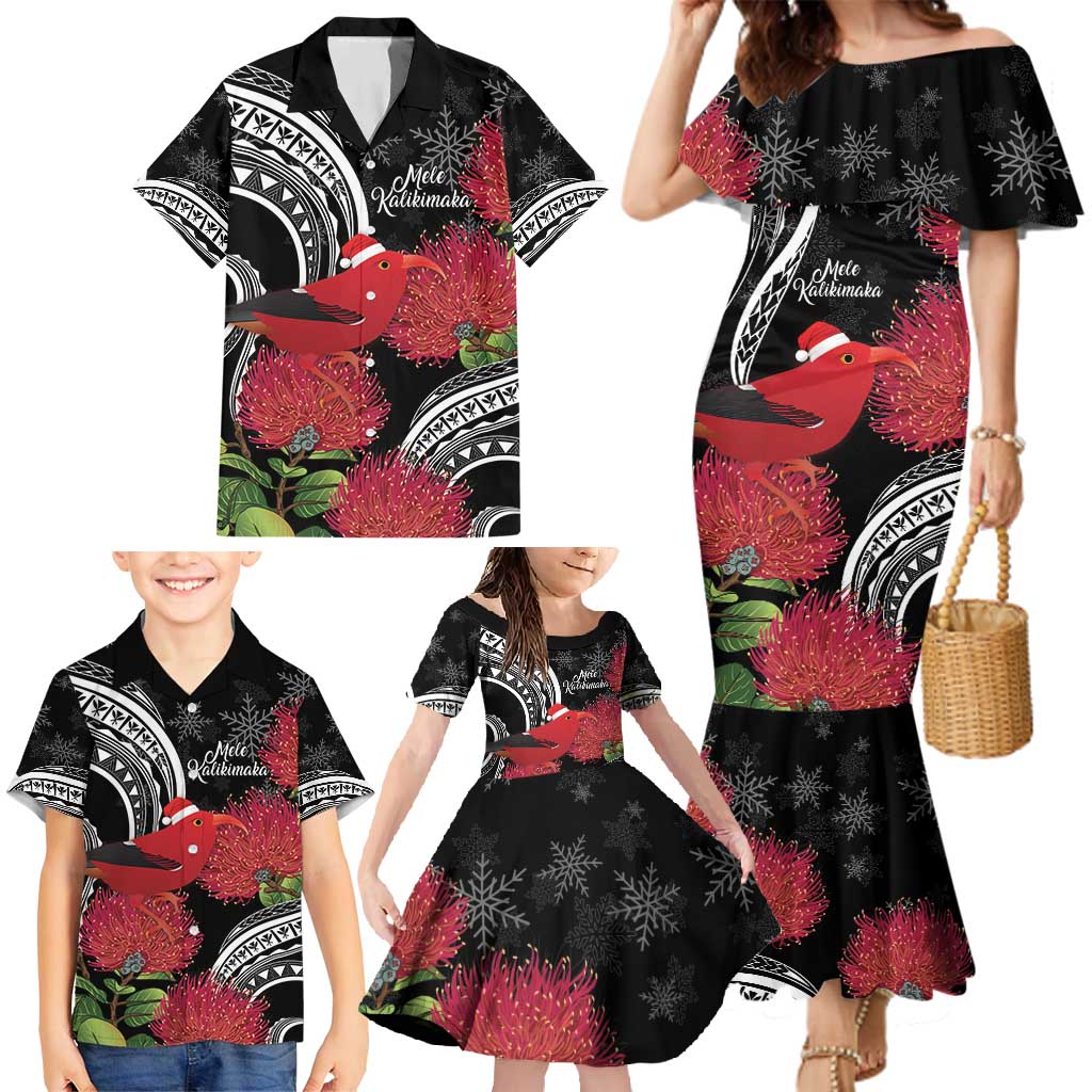 Personalized Mele Kalikimaka Hawaii Family Matching Mermaid Dress and Hawaiian Shirt I'iwi Bird With Ohia Lehua - Black Color LT14 - Polynesian Pride