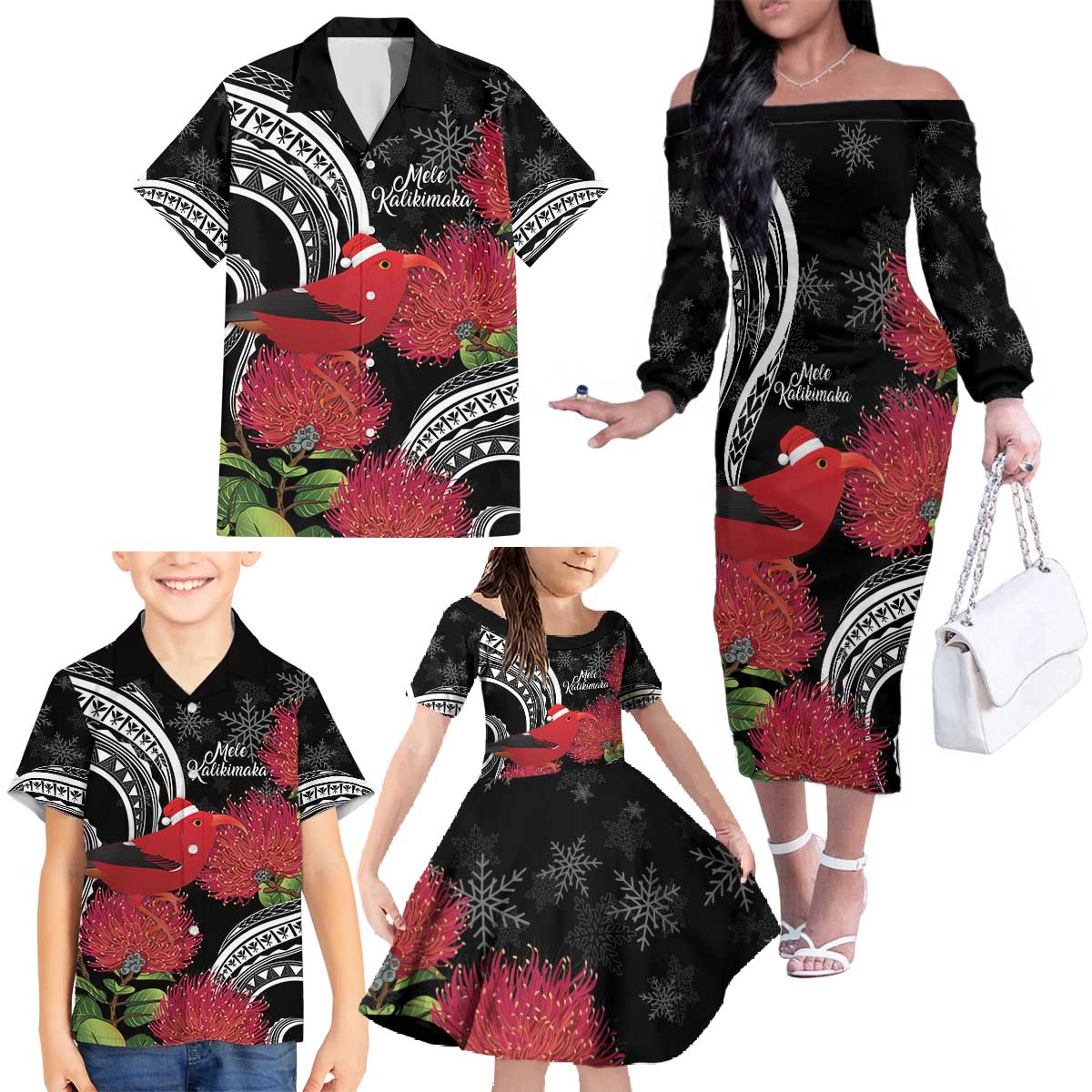 Personalized Mele Kalikimaka Hawaii Family Matching Off The Shoulder Long Sleeve Dress and Hawaiian Shirt I'iwi Bird With Ohia Lehua - Black Color LT14 - Polynesian Pride