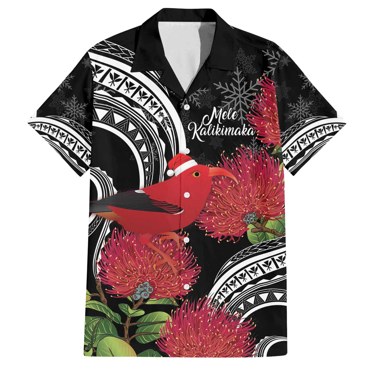 Personalized Mele Kalikimaka Hawaii Family Matching Off The Shoulder Long Sleeve Dress and Hawaiian Shirt I'iwi Bird With Ohia Lehua - Black Color LT14 Dad's Shirt - Short Sleeve Black - Polynesian Pride
