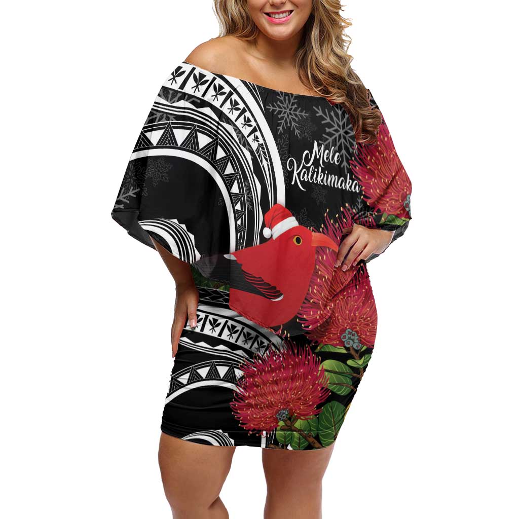 Personalized Mele Kalikimaka Hawaii Family Matching Off Shoulder Short Dress and Hawaiian Shirt I'iwi Bird With Ohia Lehua - Black Color LT14 Mom's Dress Black - Polynesian Pride