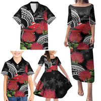 Personalized Mele Kalikimaka Hawaii Family Matching Puletasi and Hawaiian Shirt I'iwi Bird With Ohia Lehua - Black Color LT14 - Polynesian Pride