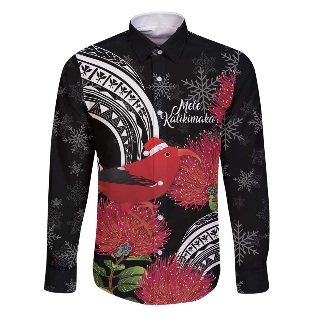 Personalized Mele Kalikimaka Hawaii Family Matching Puletasi and Hawaiian Shirt I'iwi Bird With Ohia Lehua - Black Color LT14 Dad's Shirt - Long Sleeve Black - Polynesian Pride