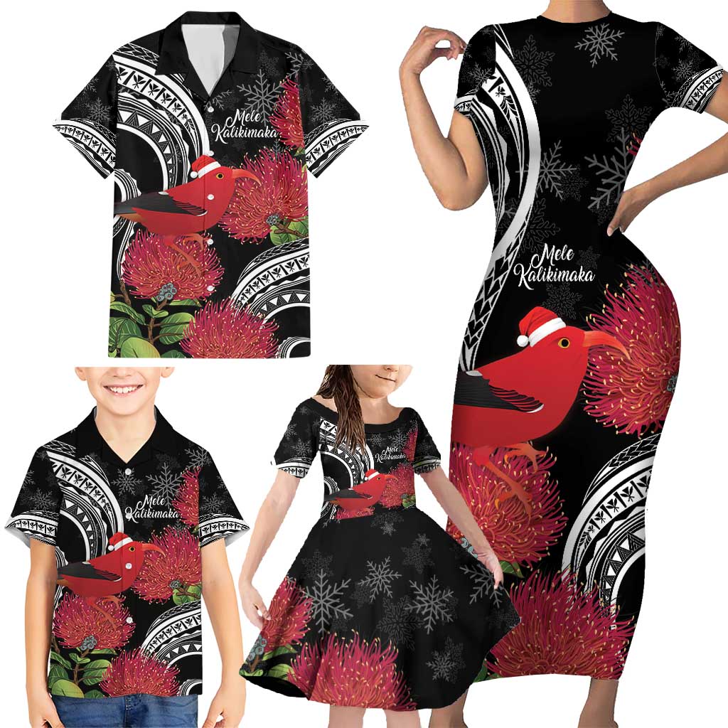 Personalized Mele Kalikimaka Hawaii Family Matching Short Sleeve Bodycon Dress and Hawaiian Shirt I'iwi Bird With Ohia Lehua - Black Color LT14 - Polynesian Pride