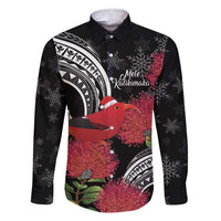 Personalized Mele Kalikimaka Hawaii Family Matching Short Sleeve Bodycon Dress and Hawaiian Shirt I'iwi Bird With Ohia Lehua - Black Color LT14 Dad's Shirt - Long Sleeve Black - Polynesian Pride