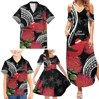 Personalized Mele Kalikimaka Hawaii Family Matching Summer Maxi Dress and Hawaiian Shirt I'iwi Bird With Ohia Lehua - Black Color LT14 - Polynesian Pride