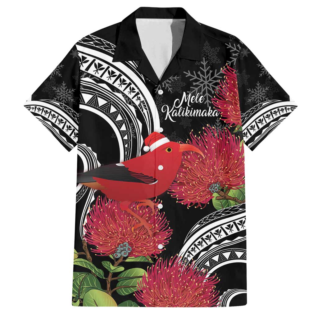Personalized Mele Kalikimaka Hawaii Family Matching Summer Maxi Dress and Hawaiian Shirt I'iwi Bird With Ohia Lehua - Black Color LT14 Dad's Shirt - Short Sleeve Black - Polynesian Pride