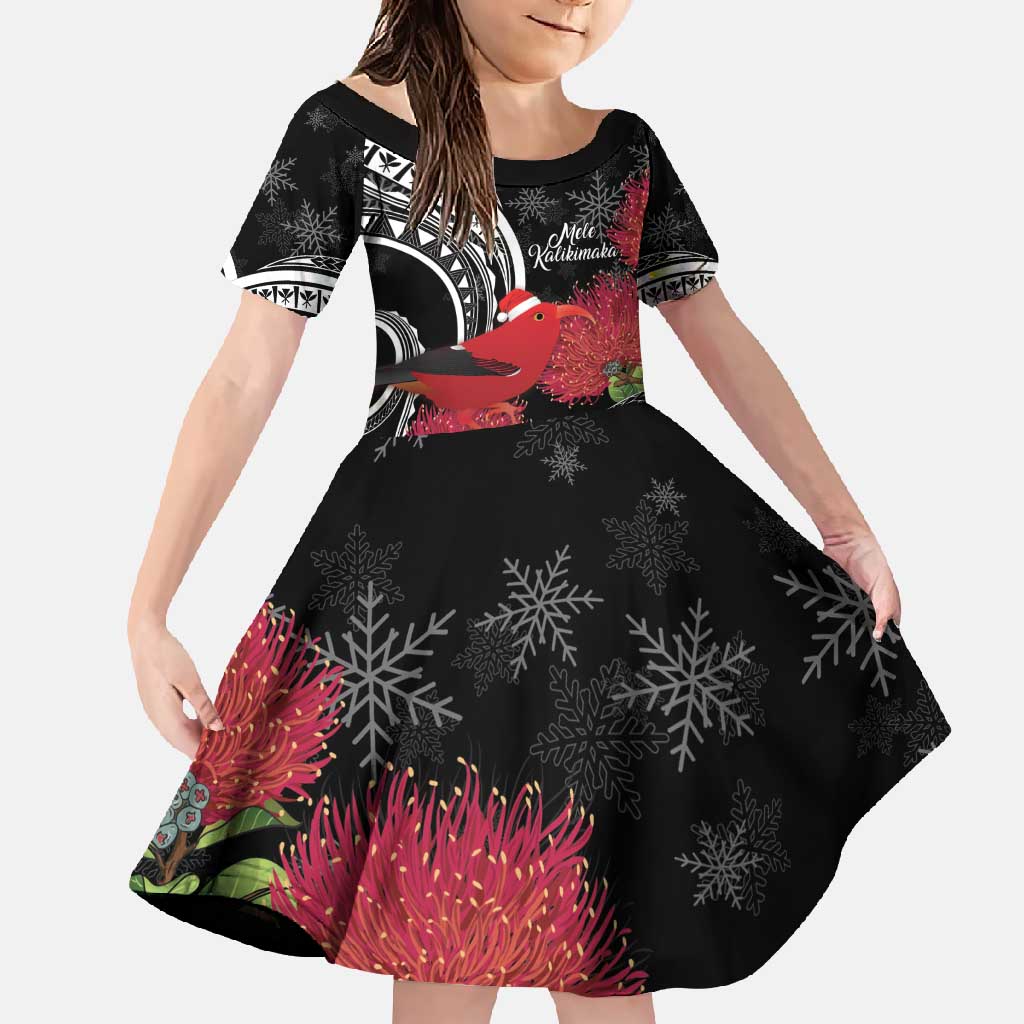 Personalized Mele Kalikimaka Hawaii Family Matching Tank Maxi Dress and Hawaiian Shirt I'iwi Bird With Ohia Lehua - Black Color LT14 Daughter's Dress Black - Polynesian Pride