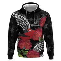 Personalized Mele Kalikimaka Hawaii Hoodie I'iwi Bird With Ohia Lehua - Black Color LT14 Pullover Hoodie Black - Polynesian Pride