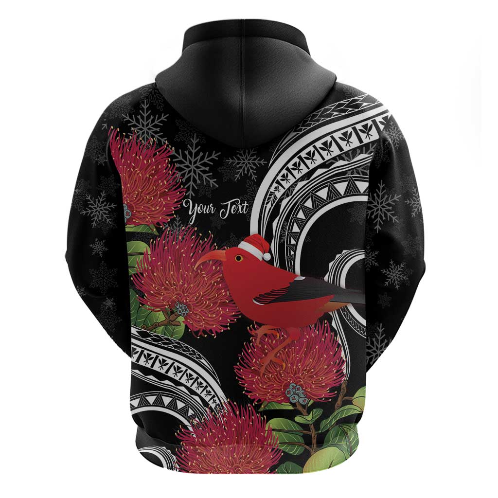 Personalized Mele Kalikimaka Hawaii Hoodie I'iwi Bird With Ohia Lehua - Black Color LT14 - Polynesian Pride