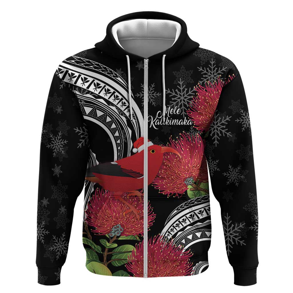 Personalized Mele Kalikimaka Hawaii Hoodie I'iwi Bird With Ohia Lehua - Black Color LT14 Zip Hoodie Black - Polynesian Pride