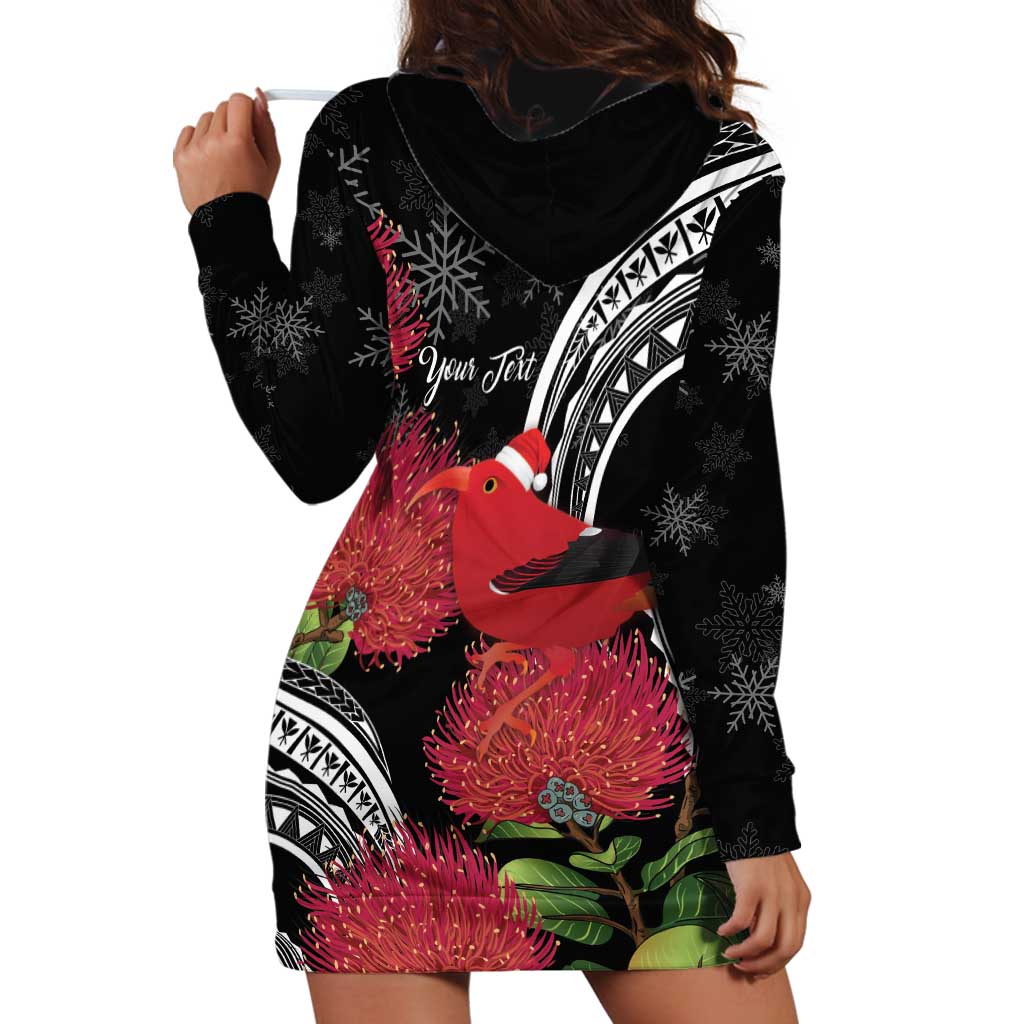Personalized Mele Kalikimaka Hawaii Hoodie Dress I'iwi Bird With Ohia Lehua - Black Color LT14 - Polynesian Pride