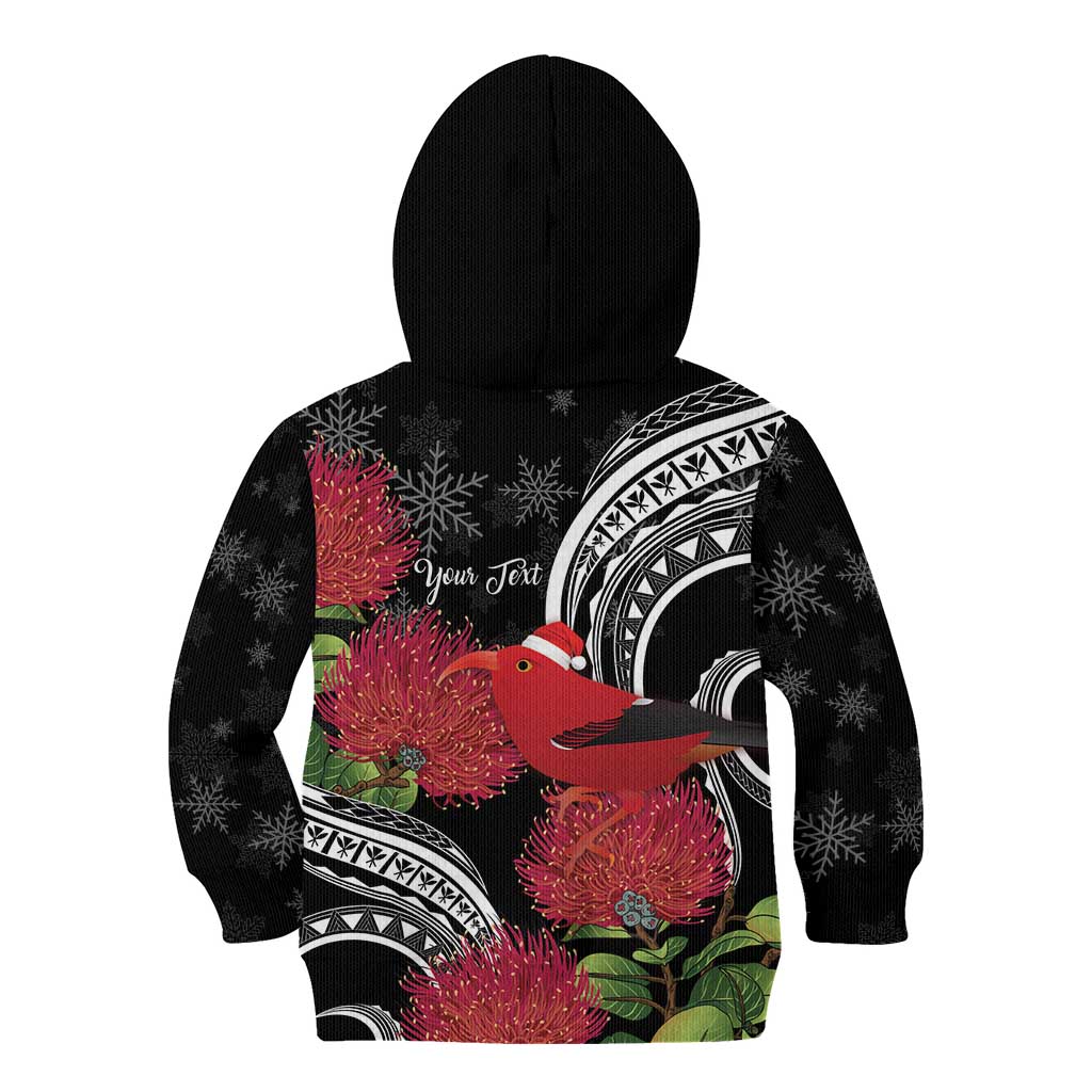 Personalized Mele Kalikimaka Hawaii Kid Hoodie I'iwi Bird With Ohia Lehua - Black Color LT14 - Polynesian Pride