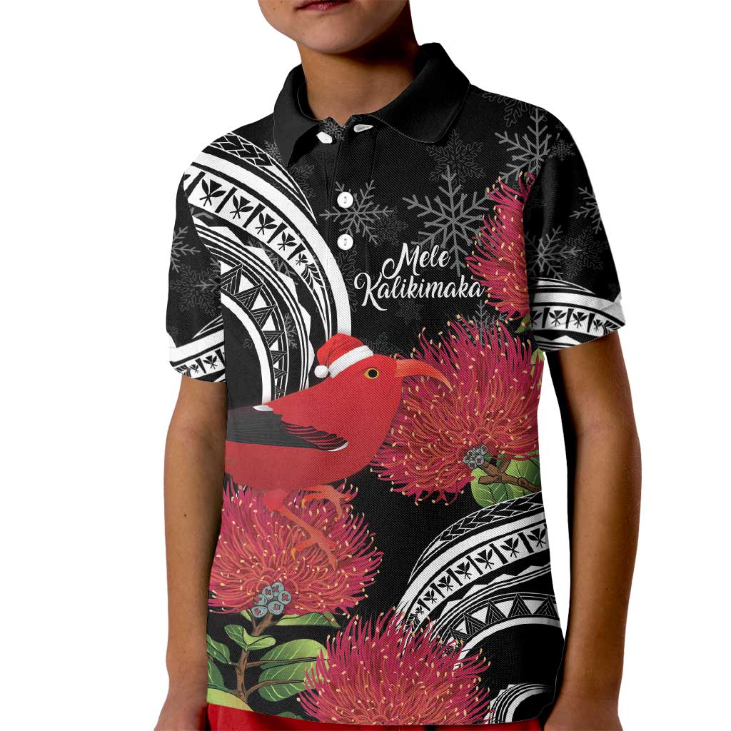 Personalized Mele Kalikimaka Hawaii Kid Polo Shirt I'iwi Bird With Ohia Lehua - Black Color LT14 Kid Black - Polynesian Pride